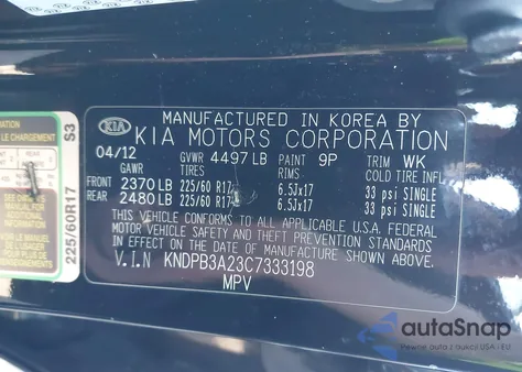 2012 Kia Sportage Lx z USA, uszkodzony, nr VIN KNDPB3A23C7333198